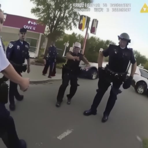 Bodycam footage of Scary Slenderman, very tall , white head, no face,  black suit and red tie, being arrested on the street in front of Walmart 