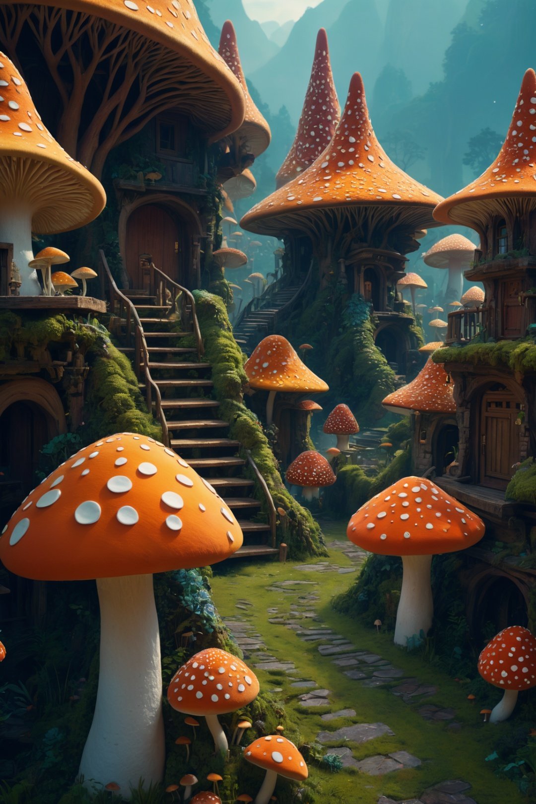  An intricate village made of psychedelic mushrooms, art by Greg Rutkowsk, 3D render