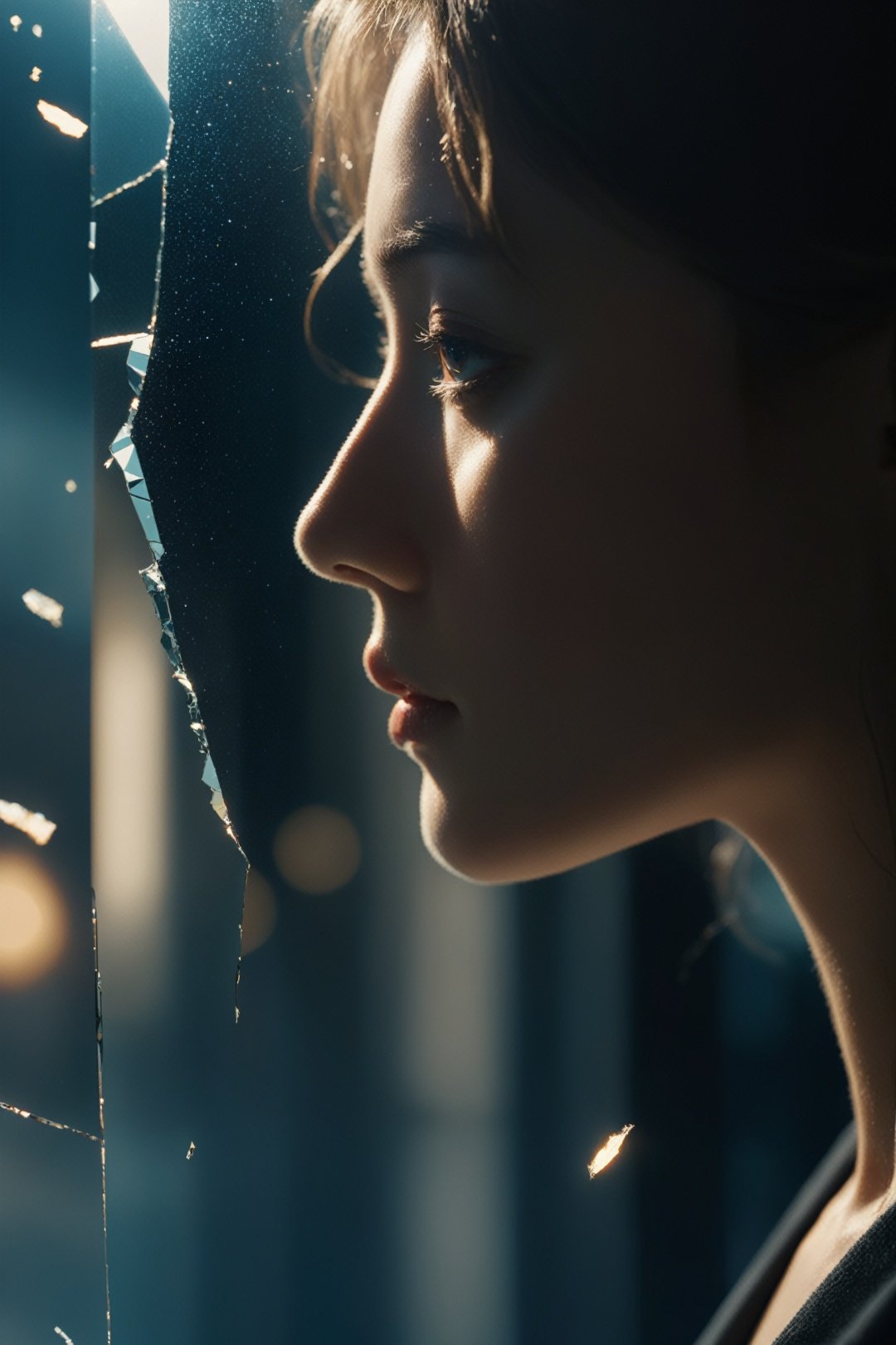  shattered mirror, reflect, girl's face, cinematic shot + dynamic composition, incredibly detailed, sharpen, details + intricate detail + professional lighting, film lighting + 35mm + anamorphic + lightroom + cinematography + bokeh + lens flare + film grain + HDR10 + 8K + Roger Deakins, ((cinematic))