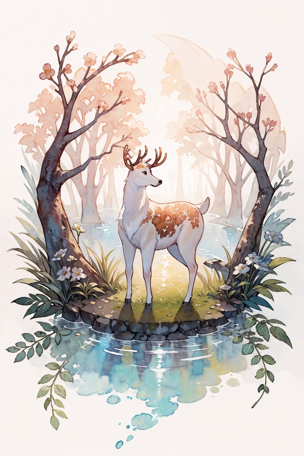 <lora:水彩_v1:1> watercolor, white background, minimalism, a cute deer, in the woods, plants, flowers, lovely, sweet atmosphere, soft color rendering,