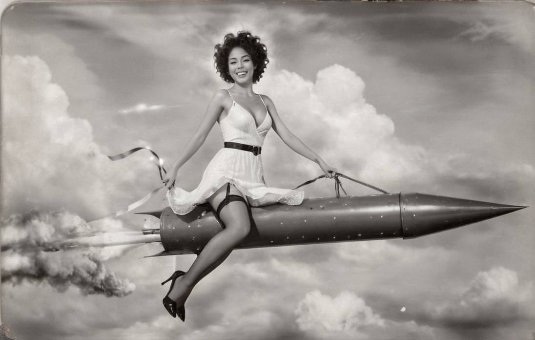 rocketride, woman, curly hair, looking at viewer, smiling with teeth, white v neck spaghetti strap dress, cleavage, black thigh high stockings, white panties, black high heel shoes, in sky, clouds, monochrome, riding rocket, fire from end of rocket, highly detailed hands, hands supporting, 