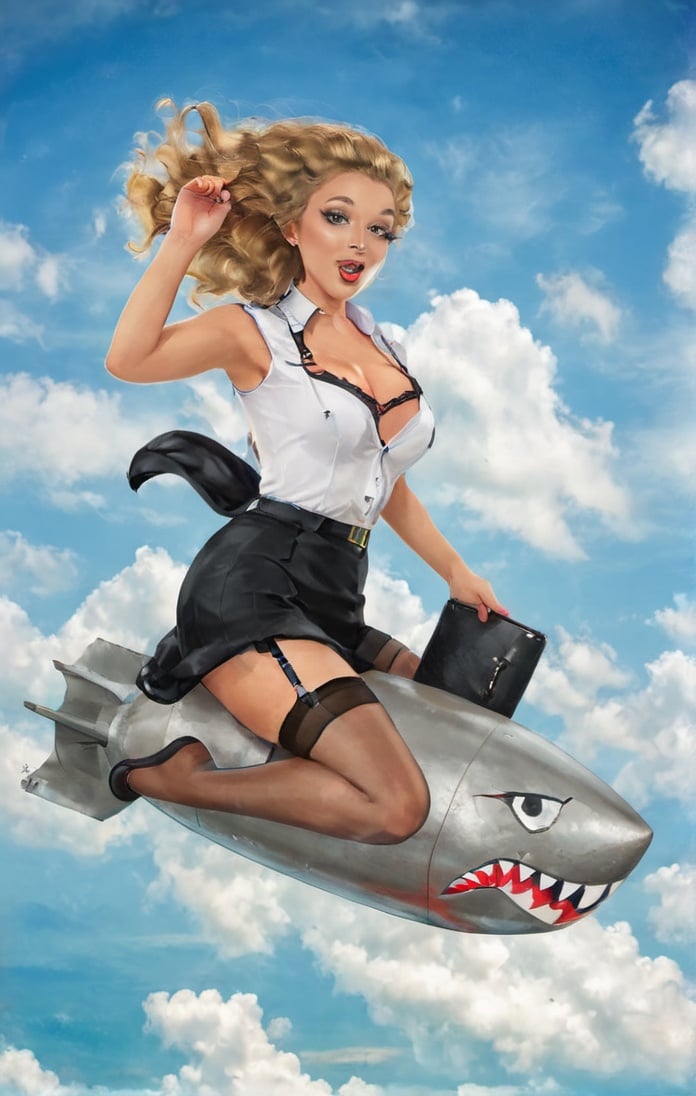 rocketride, blonde woman, long curly hair, bangs, white sleeveless shirt, black skirt, skirt pull, white panties, cameltoe, black thigh high stockings, garter straps, in sky, clouds, shark rocket, 