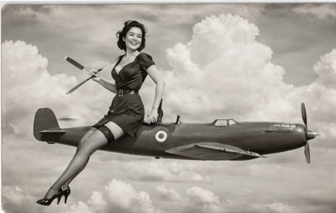 rocketride, black haired woman, looking at viewer, smiling with teeth, black dress, cleavage, black thigh high stockings, black high heel shoes, in sky, clouds, monochrome, riding wwii airplane, blurry propeller, 