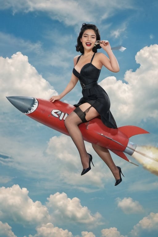 rocketride, black haired woman, looking at viewer, smiling with teeth, black dress, cleavage, black thigh high stockings, black high heel shoes, in sky, clouds, shark rocket,