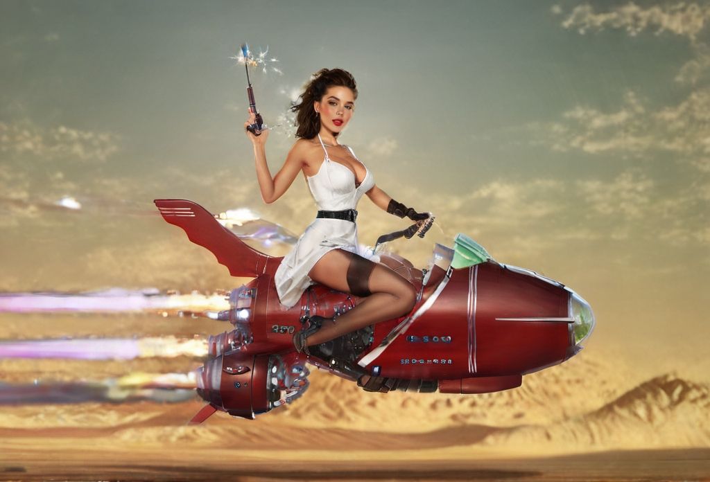 rocketride, brunette woman, holding sparkler, cleavage, spaghetti strap white dress, black belt, pantyhose, riding rocket bike, over desert planet, 