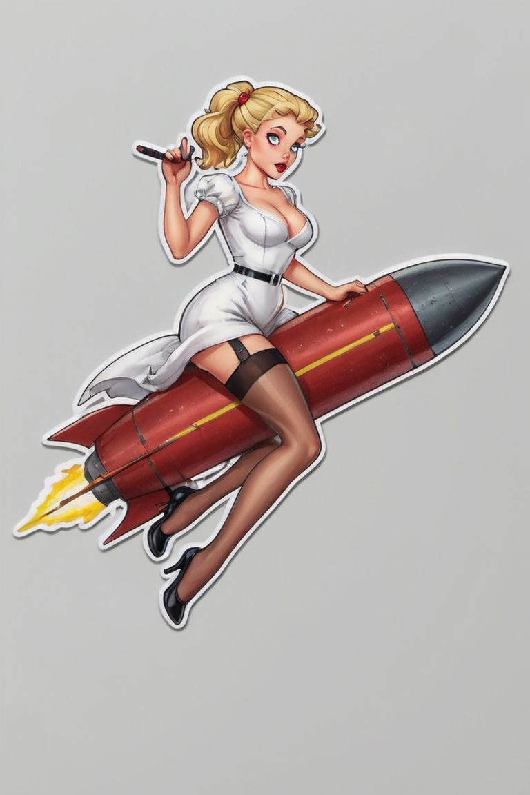 disney banksy art sticker, digital illustration, comic book style, perfect anatomy, centered, approaching perfection, dynamic, highly detailed, artstation, concept art, soft, sharp focus, illustration, blonde hair, white dress, thigh high stockings, black shoes, fire coming from back of rocket, 