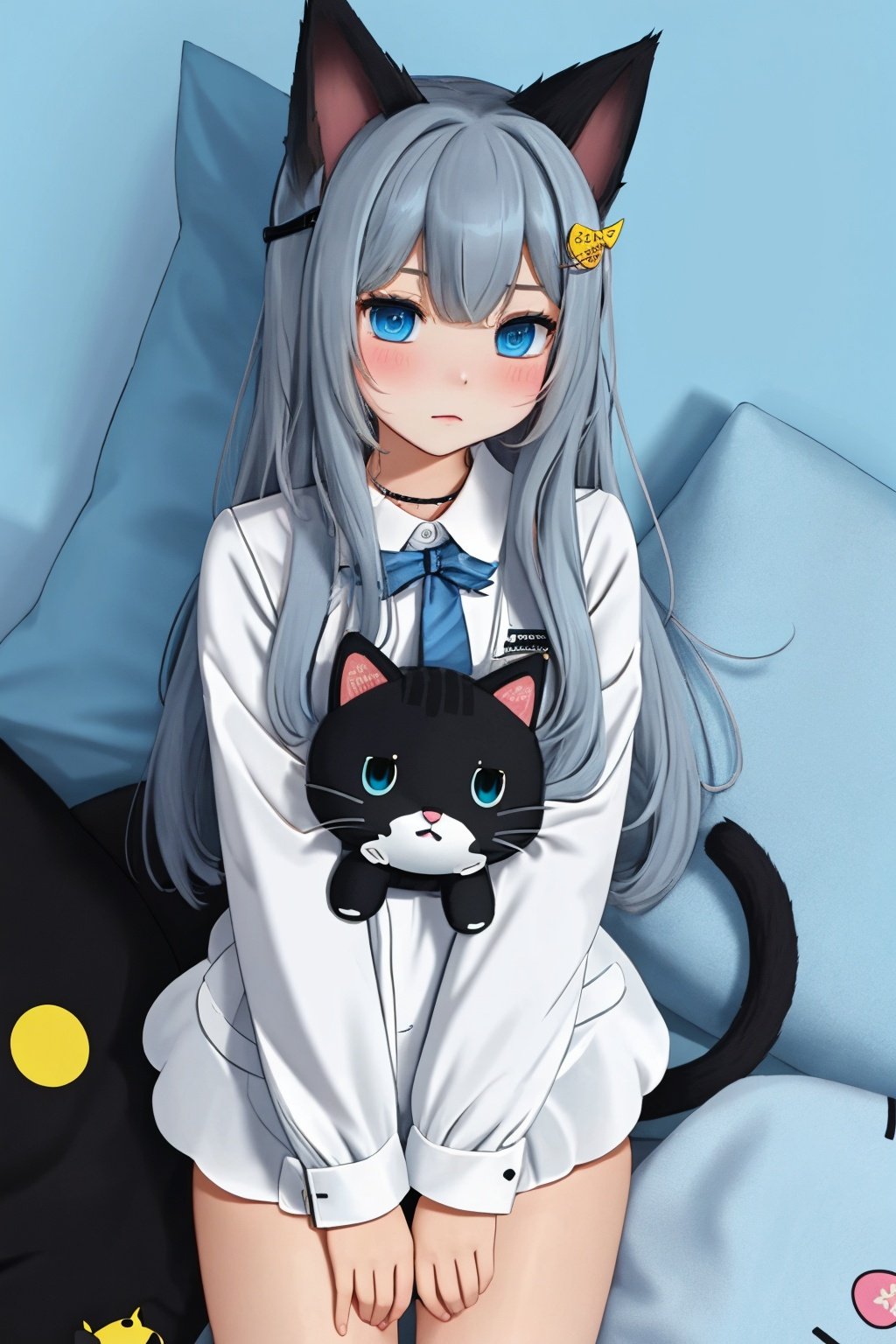  1girl, animal ears, long hair, cat tail, tail, solo, cat ears, stuffed toy, stuffed animal, looking at viewer, bandaid, cat girl, blue eyes, shirt, stuffed cat, hair ornament, blush, UHD, anatomically correct, super detail, high details, best quality, HD