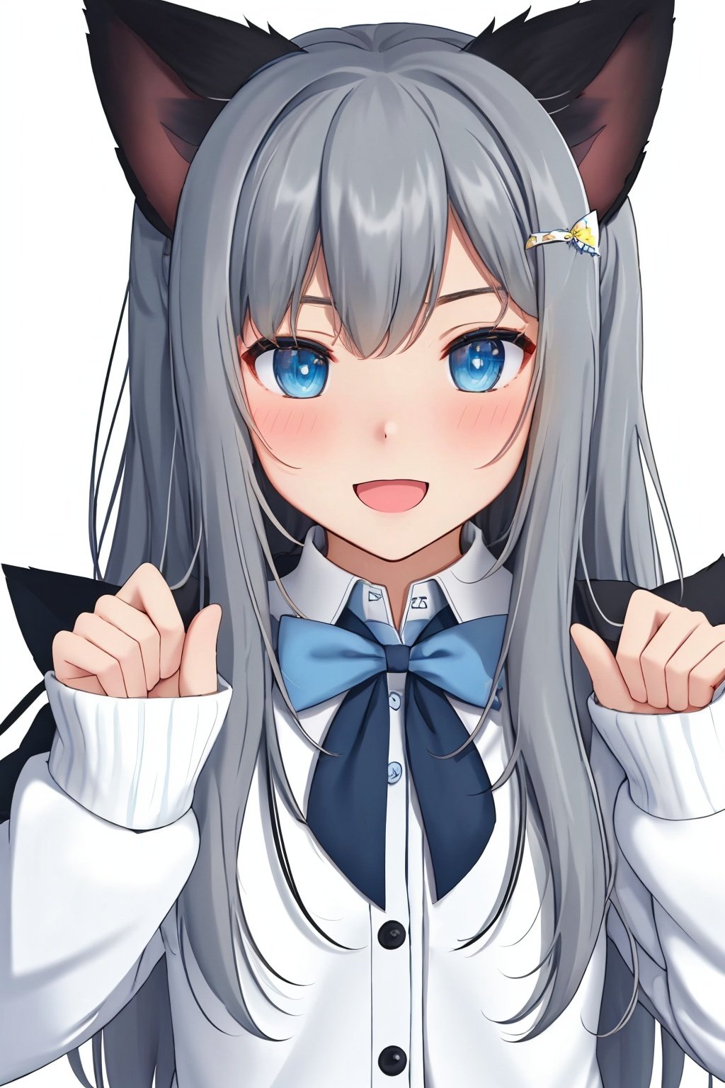 animal ears, 1girl, paw pose, hair ornament, long hair, sleeves past wrists, open mouth, blue eyes, blue bow, shirt, smile, cat ears, white background, solo, simple background, jacket, collared shirt, hood, black jacket, looking at viewer, blush, white shirt, grey hair, UHD, anatomically correct, high details, best quality, 16k