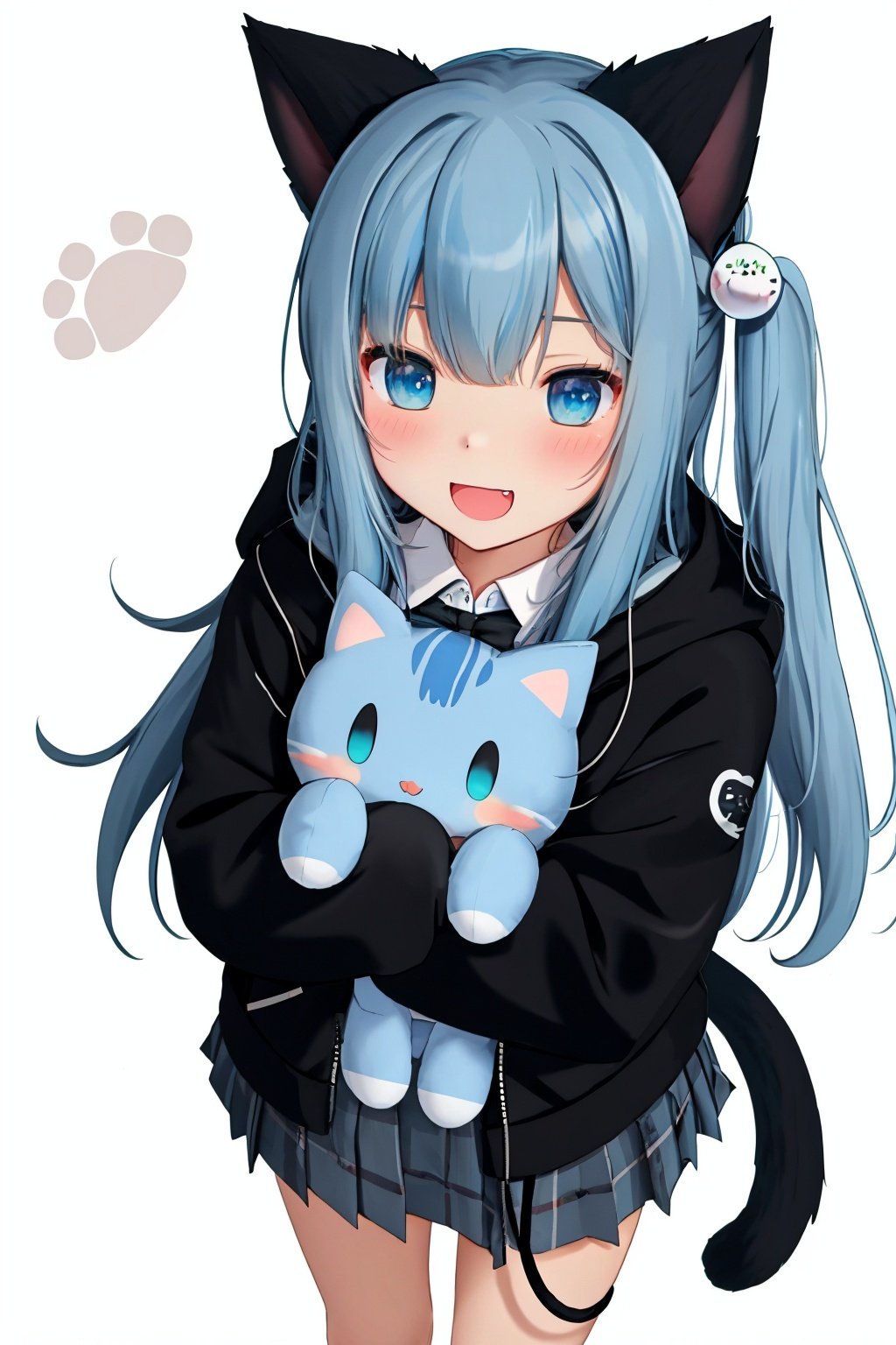 animal ears, cat ears, hood, 1girl, hood down, plaid, hair ornament, blue hair, cat tail, blue eyes, hooded jacket, plaid skirt, skirt, stuffed cat, tail, cat girl, one side up, long hair, cat hood, jacket, sleeves past wrists, pleated skirt, open mouth, paw print, solo, hoodie, stuffed toy, smile, bangs, animal hood, stuffed animal, very long hair, black jacket, hairclip, white background, collared shirt, fake animal ears, long sleeves, blush, shirt, nyan, drawstring, holding stuffed toy, fang, hair between eyes, looking at viewer, :d, white shirt