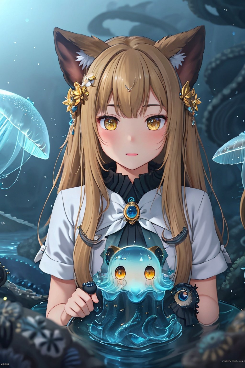  animal ears,  best quality,Amazing,Beautiful golden eyes,finely detail,Depth of field,extremely detailed CG unity 8k wallpaper,(1 girl :1.5),Deep sea background,jellyfish,masterpiece,fluttered detailed splashs, beautiful detailed water,cosmic eyes,Shock sensation,(realistic :0.5),octopus,original, 
, new_blue_b