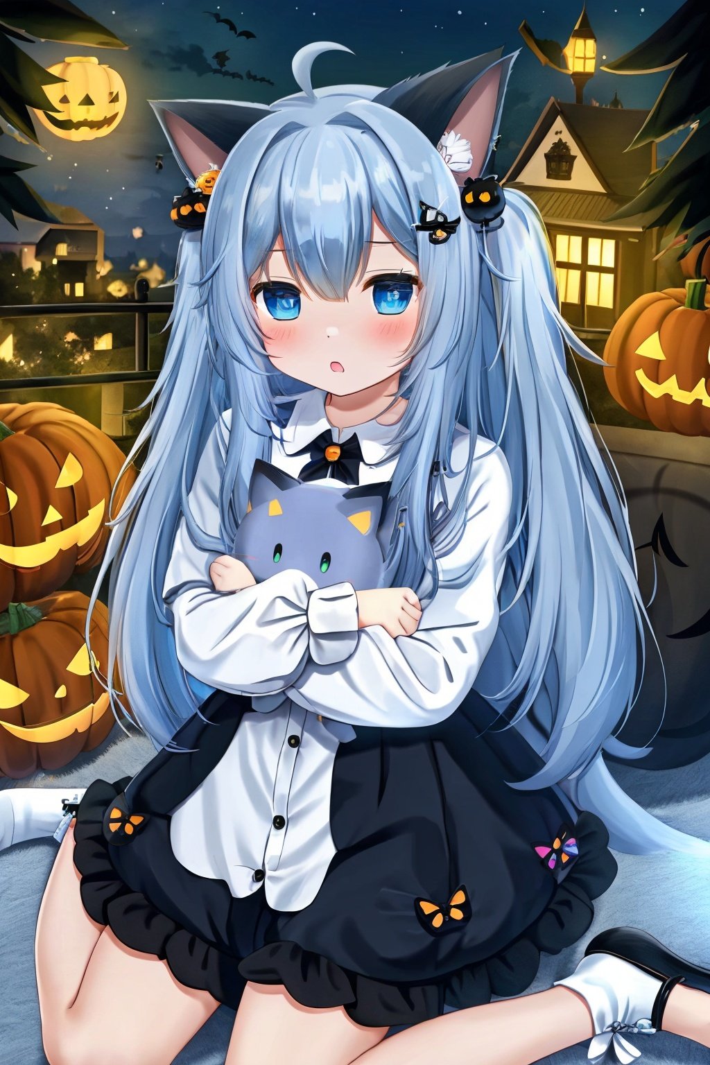  1girl, animal ears, long hair, cat tail, tail, solo, cat ears, stuffed toy, stuffed animal, looking at viewer, bandaid, cat girl, blue eyes, shirt, stuffed cat, hair ornament, blush, UHD, anatomically correct, super detail, high details, best quality, HD, Halloween