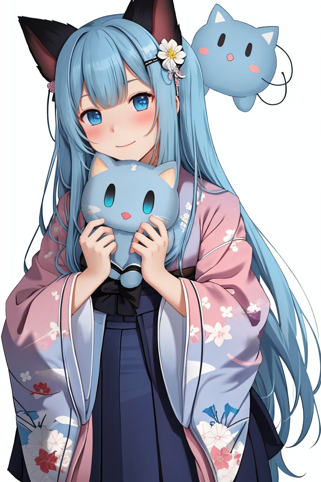 floral print, japanese clothes, kimono, 1girl, print kimono, animal ears, long hair, wide sleeves, blue hair, smile, white background, hair ornament, holding, closed mouth, long sleeves, stuffed toy, hakama, blush, blue eyes, simple background, animal, hakama skirt, bangs, skirt, eyebrows visible through hair, solo, stuffed animal, stuffed cat, looking at viewer