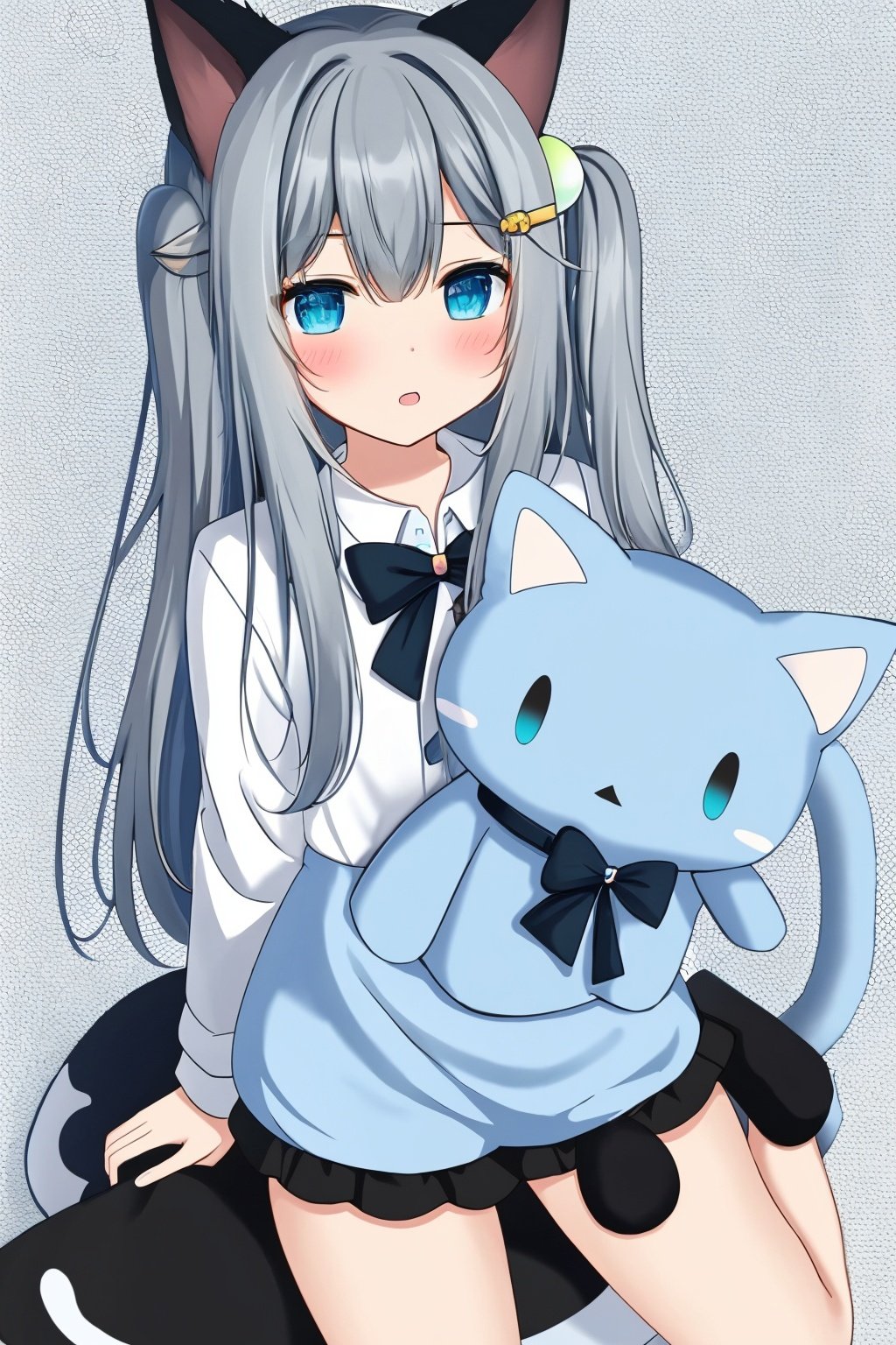  1girl, animal ears, long hair, cat tail, tail, solo, cat ears, stuffed toy, stuffed animal, looking at viewer, bandaid, cat girl, blue eyes, shirt, stuffed cat, hair ornament, blush, UHD, anatomically correct, super detail, high details, best quality, HD