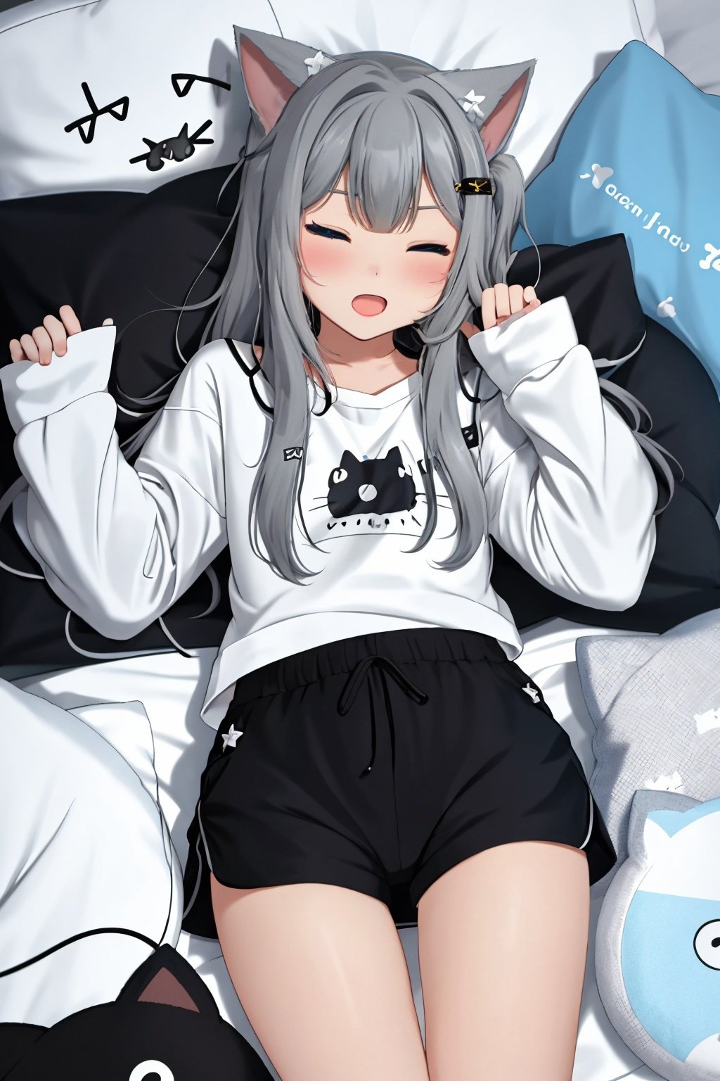 animal ears, pillow, 1girl, shorts, one eye closed, long hair, hair ornament, nail polish, short shorts, cat ears, hairclip, solo, grey hair, open mouth, blue eyes, sleeves past wrists, lying