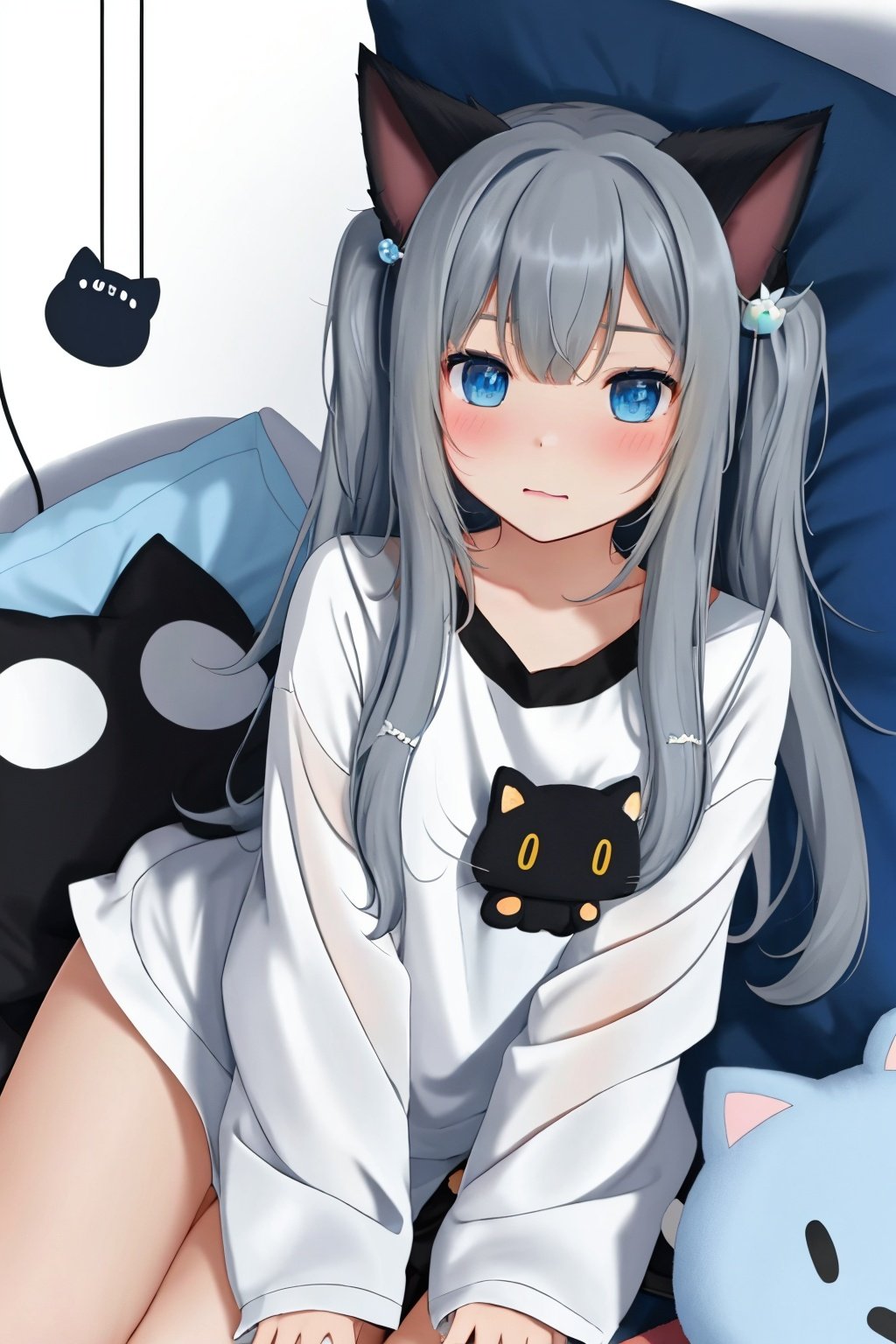 1girl, animal ears, long hair, cat tail, tail, solo, cat ears, stuffed toy, stuffed animal, looking at viewer, bandaid, cat girl, blue eyes, shirt, stuffed cat, hair ornament, blush, UHD, anatomically correct, super detail, high details, best quality, HD