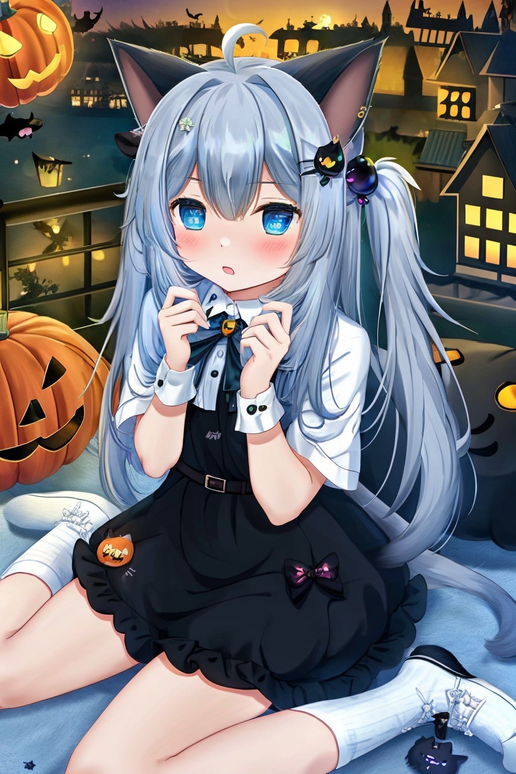  1girl, animal ears, long hair, cat tail, tail, solo, cat ears, stuffed toy, stuffed animal, looking at viewer, bandaid, cat girl, blue eyes, shirt, stuffed cat, hair ornament, blush, UHD, anatomically correct, super detail, high details, best quality, HD, Halloween