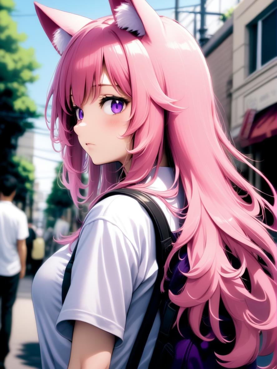 1girl, long hair, pink hair, purple eyes, medium breasts, shirt, street, animal ears, looking back, from behind, upper body, 