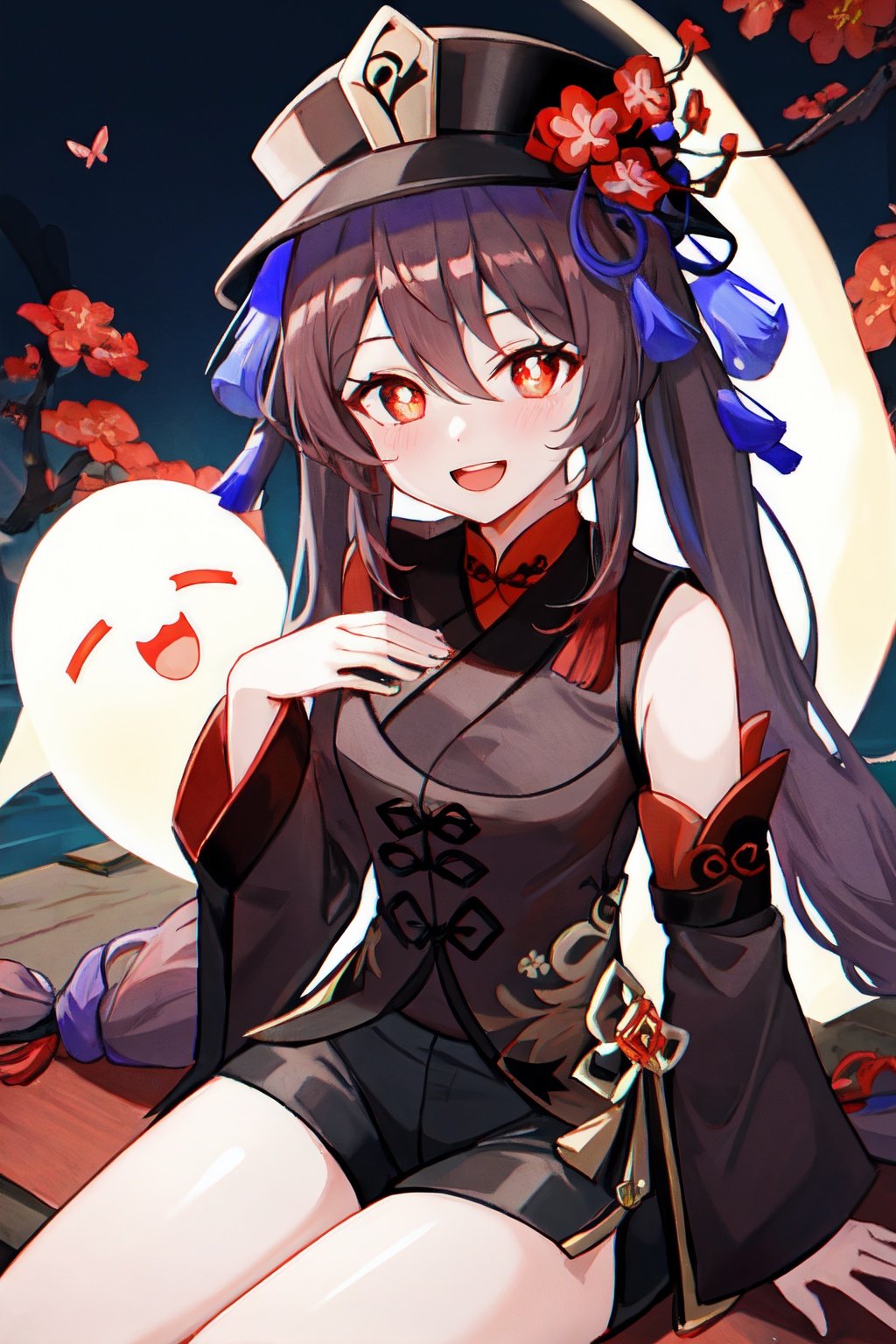 1girl, solo, long hair, breasts, looking at viewer, blush, smile, open mouth, bangs, brown hair, shirt, red eyes, long sleeves, hat, hair between eyes, twintails, jewelry, sitting, very long hair, flower, :d, shorts, teeth, socks, symbol-shaped pupils, black headwear, night, chinese clothes, black shorts, bug, red flower, butterfly, ghost, hat flower, flower-shaped pupils, plum blossoms, hu tao \(genshin impact\), boo tao \(genshin impact\)