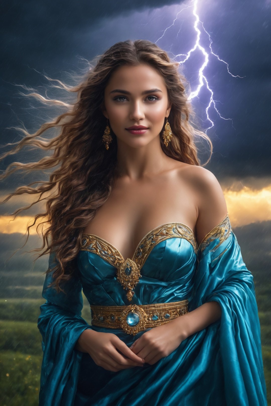 (best quality,4k,8k,highres,masterpiece:1.2),ultra-detailed,(realistic,photorealistic,photo-realistic:1.37),woman,beautiful,cute smile,fancy,thunder goddess,portraits,vivid colors,soft lighting,stormy backdrop,silk dress, glowing eyes, flowing hair, divine aura, ethereal beauty, elegant pose, enchanting expression, mystical atmosphere, powerful yet graceful presence, goddess-like features, intricate jewelry, storm clouds, dramatic lightning, mysterious charm