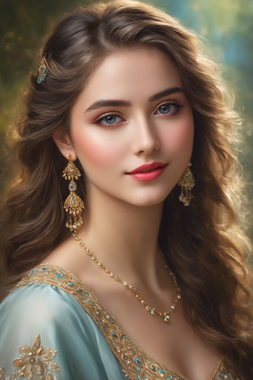 (best quality,4k,8k,highres,masterpiece:1.2),ultra-detailed,realistic,portrait,female,beautiful detailed eyes,beautiful detailed lips,cute smile,fancy style,medium:oil painting,soft brush strokes,vibrant colors,delicate features,graceful pose,flowing hair,gorgeous dress,sparkling jewelry,subtle shading,ethereal atmosphere,gentle lighting,magical ambiance,harmonious color palette,sublime beauty