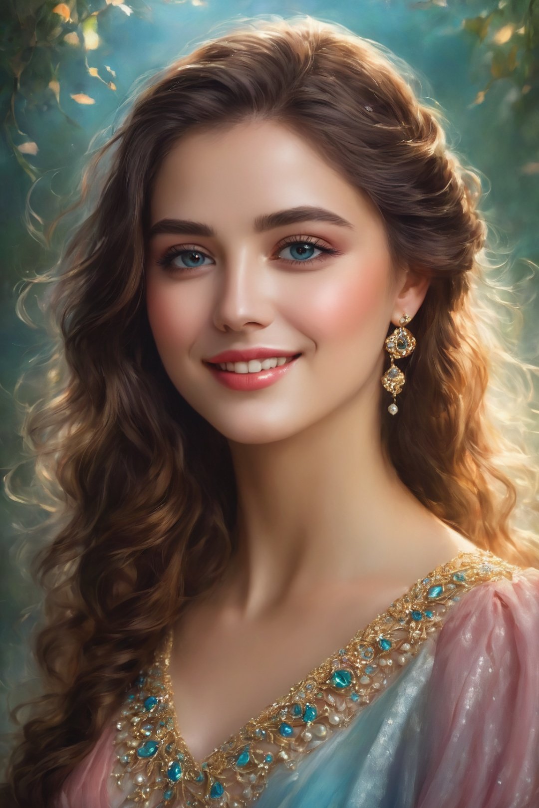 (best quality,4k,8k,highres,masterpiece:1.2),ultra-detailed,realistic,portrait,female,beautiful detailed eyes,beautiful detailed lips,cute smile,fancy style,medium:oil painting,soft brush strokes,vibrant colors,delicate features,graceful pose,flowing hair,gorgeous dress,sparkling jewelry,subtle shading,ethereal atmosphere,gentle lighting,magical ambiance,harmonious color palette,sublime beauty