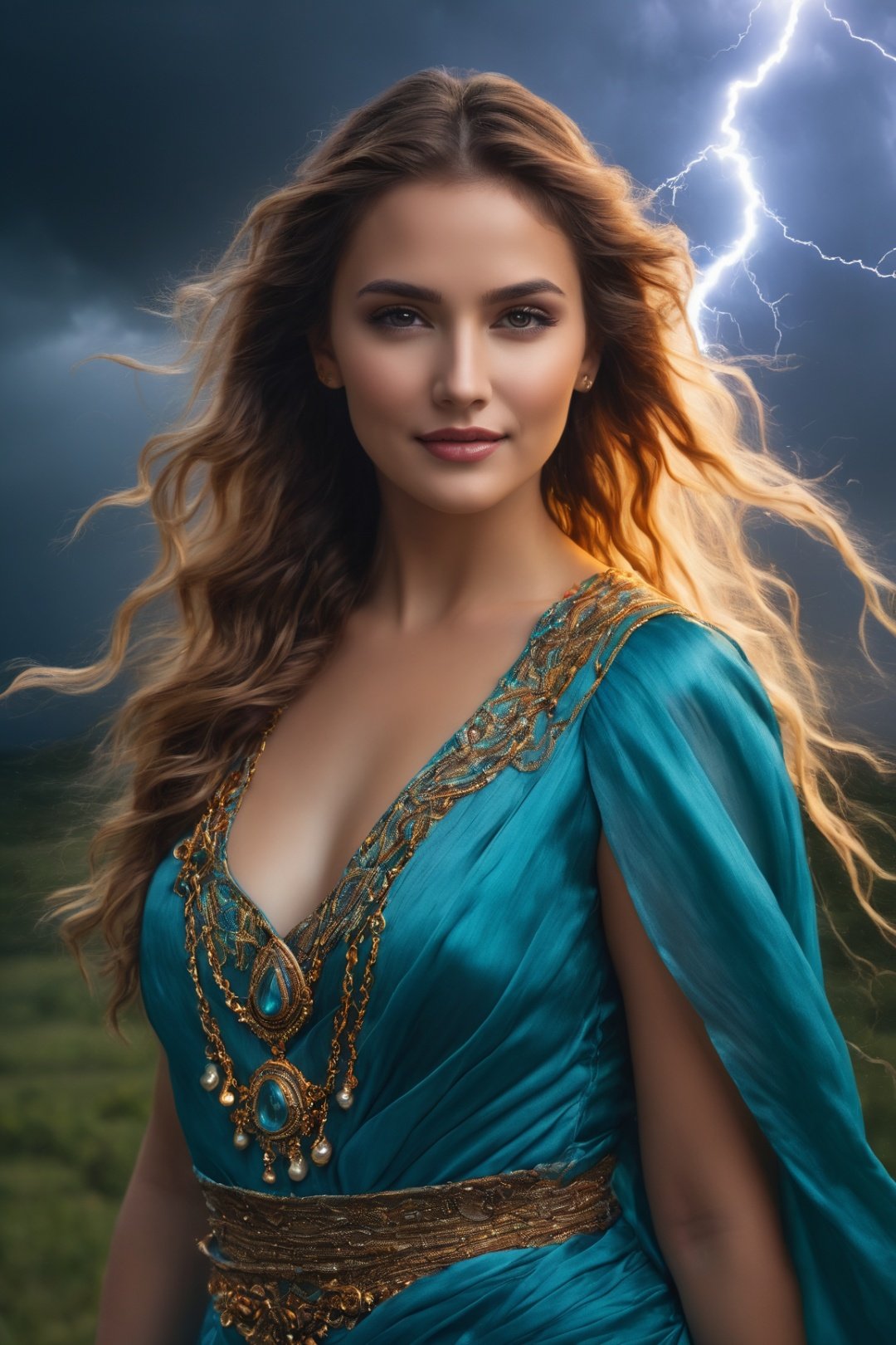 (best quality,4k,8k,highres,masterpiece:1.2),ultra-detailed,(realistic,photorealistic,photo-realistic:1.37),woman,beautiful,cute smile,fancy,thunder goddess,portraits,vivid colors,soft lighting,stormy backdrop,silk dress, glowing eyes, flowing hair, divine aura, ethereal beauty, elegant pose, enchanting expression, mystical atmosphere, powerful yet graceful presence, goddess-like features, intricate jewelry, storm clouds, dramatic lightning, mysterious charm