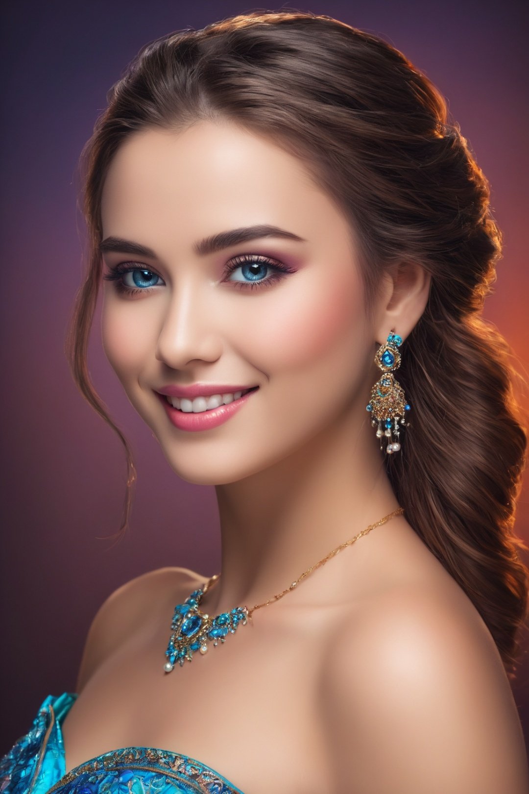 (best quality,highres:1.2),beautiful detailed eyes,beautiful detailed lips,extremely detailed eyes and face,longeyelashes,feminine facial features,cute and charming smile,fashionable hairstyle and makeup,lovely and elegant posture,gorgeous dress with intricate patterns,artistic background with vibrant colors,soft studio lighting,bluish color tone,ultra-detailed and realistic,photorealistic portrait of a beautiful woman with a cute smile and a captivating gaze,perfectly capturing her grace and charm,fancy cyborg robot elements seamlessly integrated into the portrait,enhancing the futuristic and technological vibe,showcasing the harmonious blend of human and machine,creating a unique and visually stunning artwork.