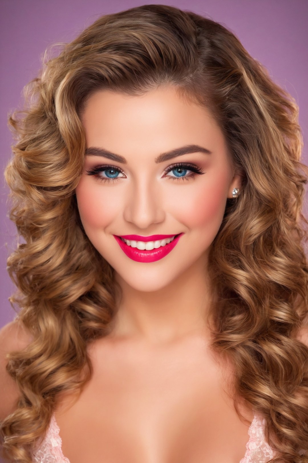 (best quality, highres), sexy woman, cute smile, detailed eyes, detailed lips, loose wavy hair, rosy cheeks, flawless skin, vibrant personality, alluring gaze, pin-up style makeup, stunning beauty, feminine charm, radiant smile, sultry expression, confident posture, portrait, soft lighting, vivid colors