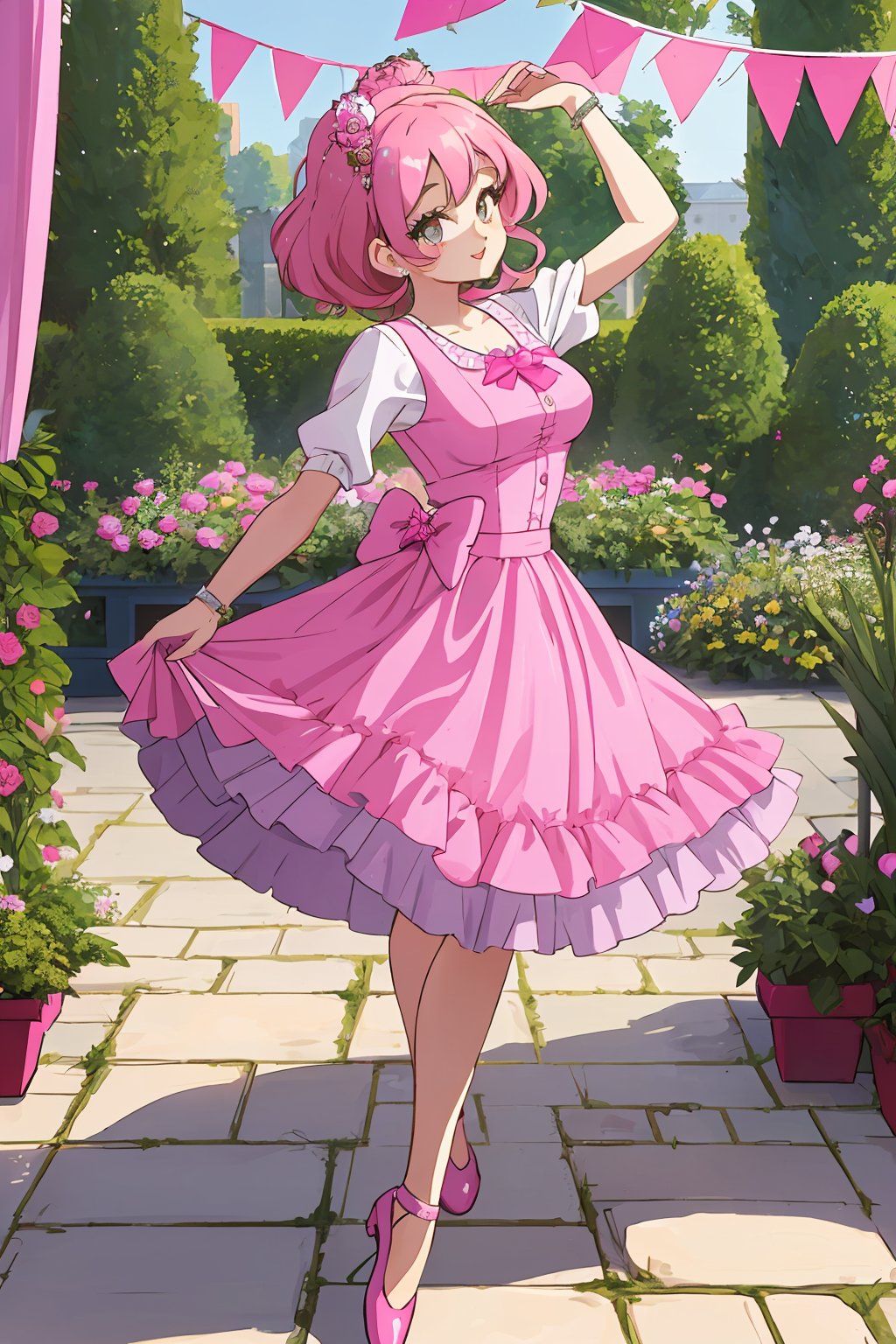 (best quality:1.2), (hyper detailed), 

Rosie's hobbies include exploring her town's gardens, tending to her own pink-themed garden, and participating in various community events and celebrations. She enjoys dancing, often attending retro-themed dance parties with her friends, where she can showcase her love for all things pink.