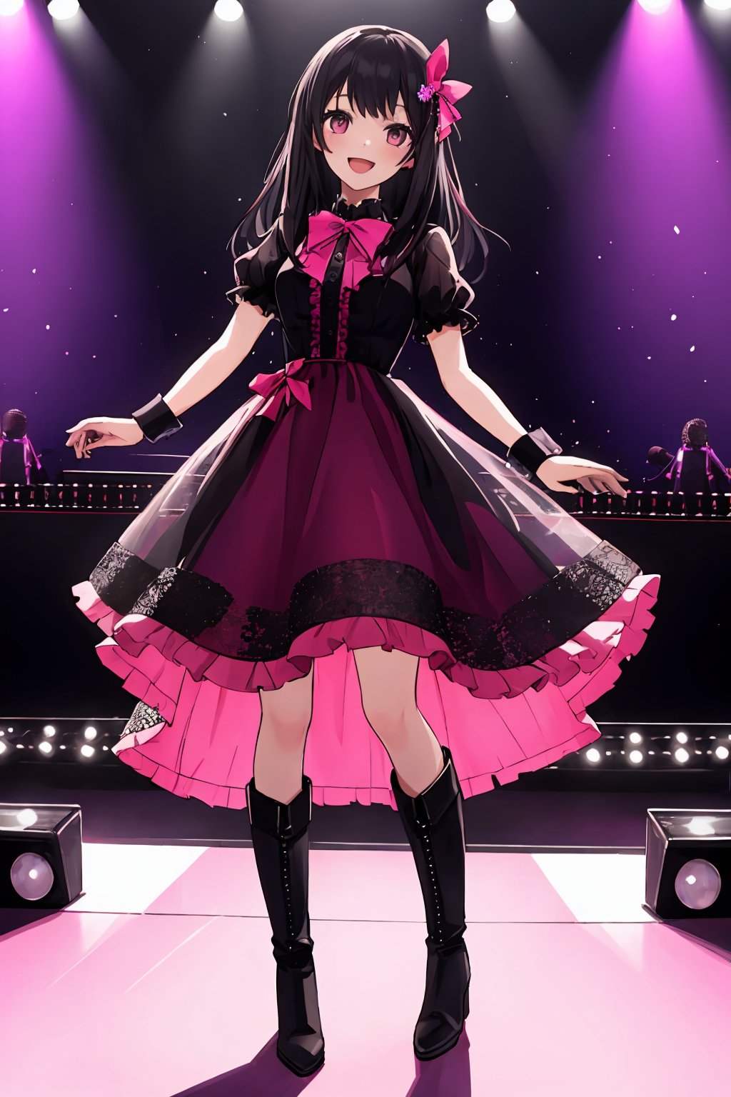 (best quality:1.2), (hyper detailed), 

best quality, quality, masterpiece, 1girl, solo, long black hair, looking at viewer, smile, full body, cyb dress, pink dress, frills, see-through short sleeves, wrist cuffs, knee boots, hair bow, hair ornament, stage in the backgorund, stage lighting, stage spotlight, detailed background, audience, holding microphone, singing,