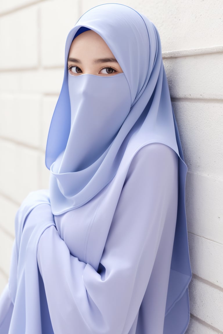 masterpiece, best quality, highres, 18yo old cute girl, Veil hijab, (upper body), scarf, (white scarf), (sweater), ((wall background)), 32k, 8k, high_resolution,graveline,perfect light, ,veil