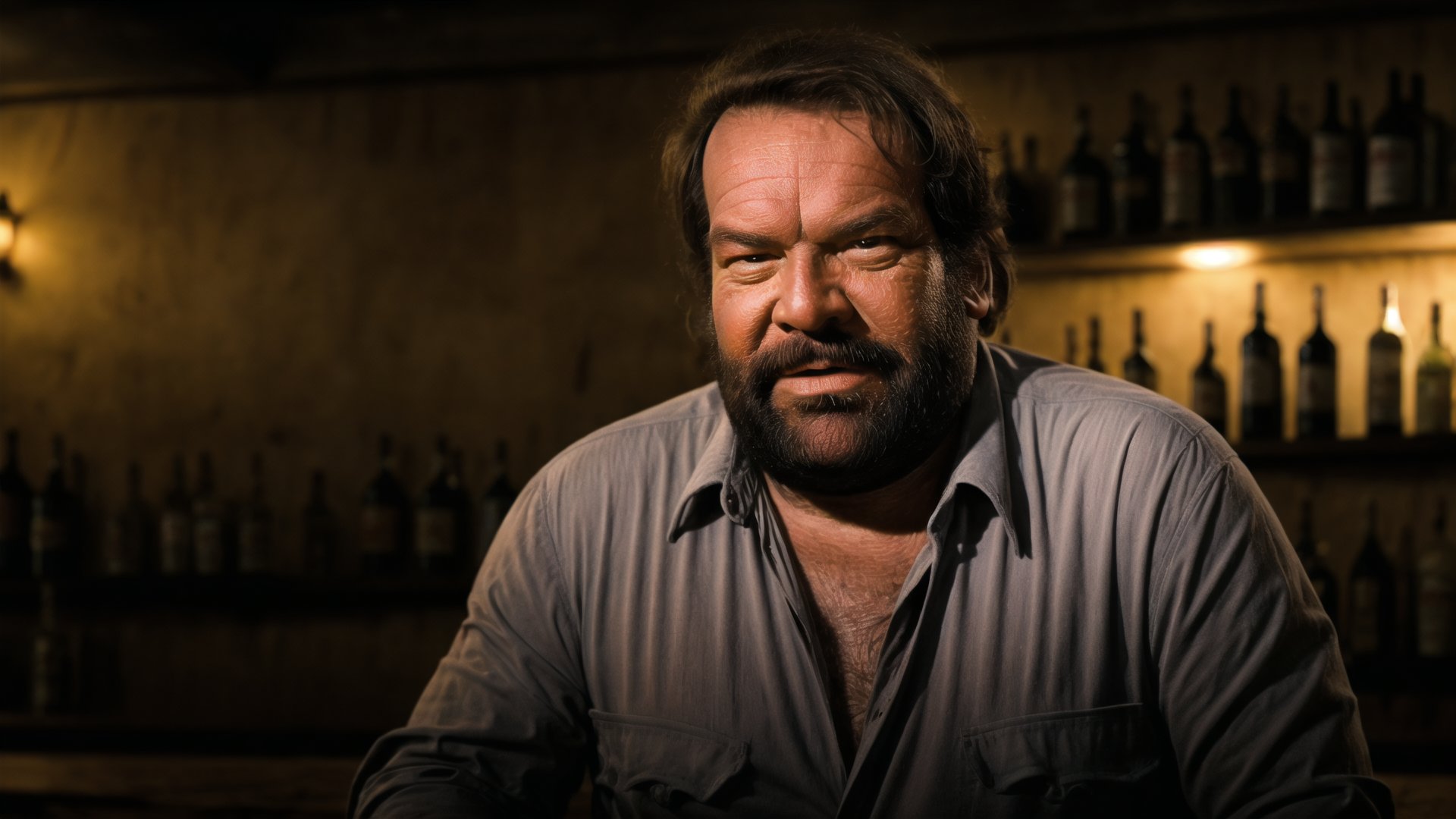 Bud Spencer as a bartender in a old western cantina, wide angle,  photography, masterpiece, best quality, beautiful, high quality,  highres, detailed, extremely detailed, ambient soft lighting,  16k, 64k, photoreal, aesthetic portrait
