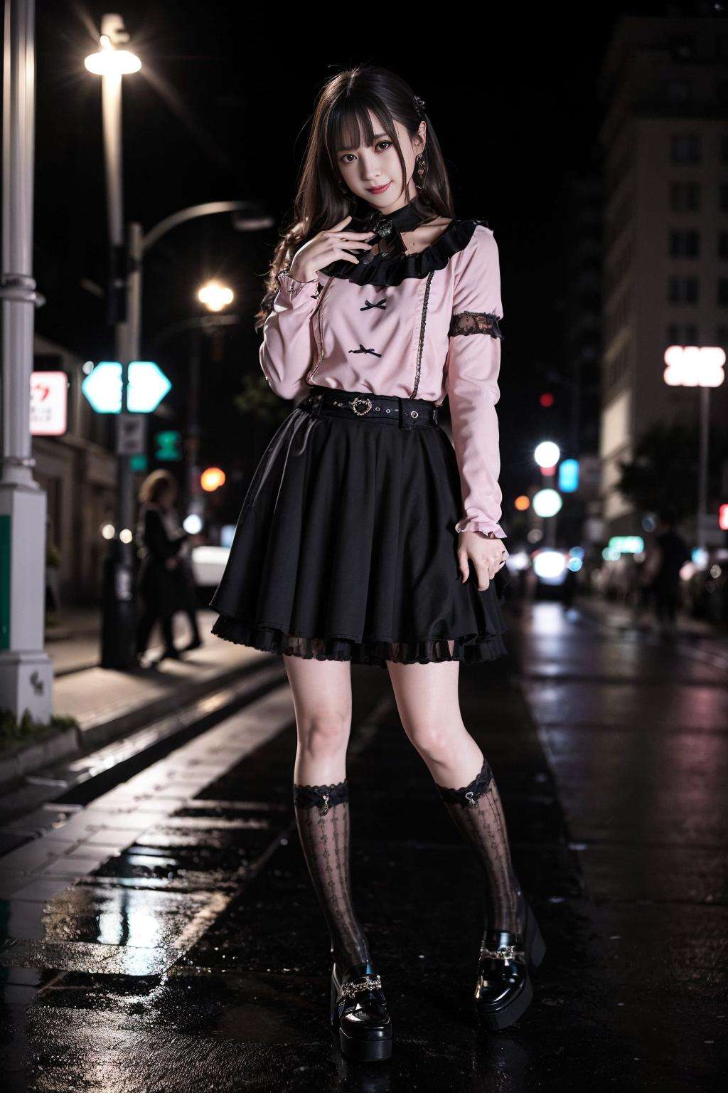 realistic, photorealistic, masterpiece, best quality, 1girl, solo, standing in street, night, looking at viewer, smile, jiraikei shirt, jiraikei skirt, black frilled socks, <lora:Cute Asian Face:0.5> , <lora:jiraikei_v1:0.7>