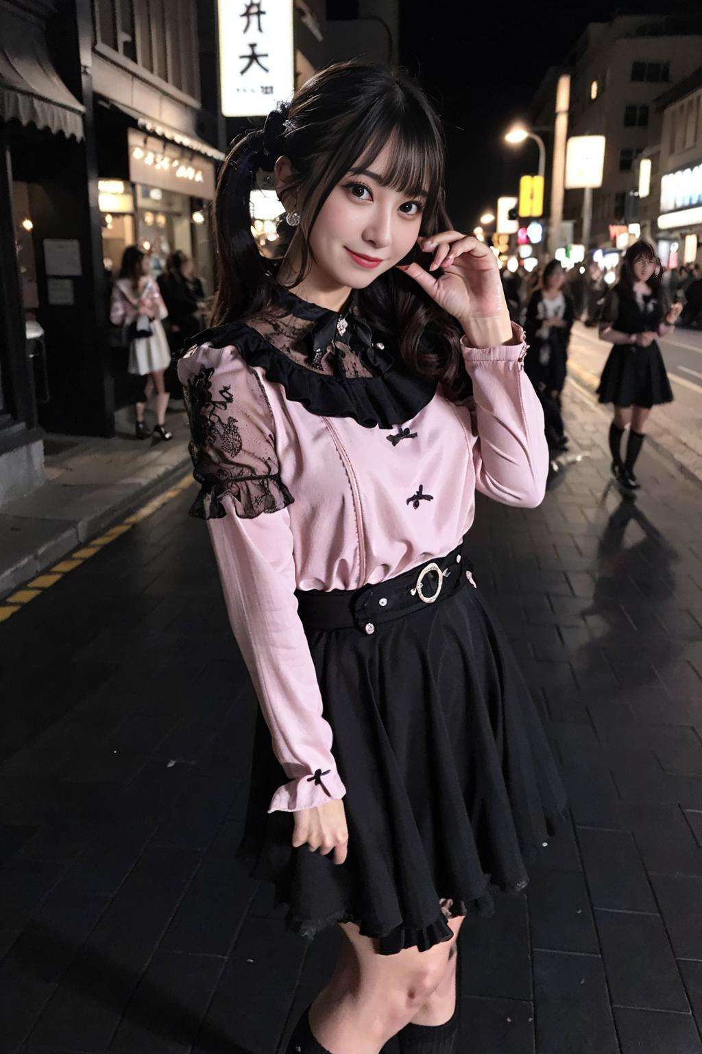 realistic, photorealistic, masterpiece, best quality, 1girl, solo, standing in street, night, looking at viewer, smile, jiraikei shirt, jiraikei skirt, black frilled socks,<lora:jiraikei_v1:0.7>,  <lora:JapaneseDollLikeness_v15:0.7>