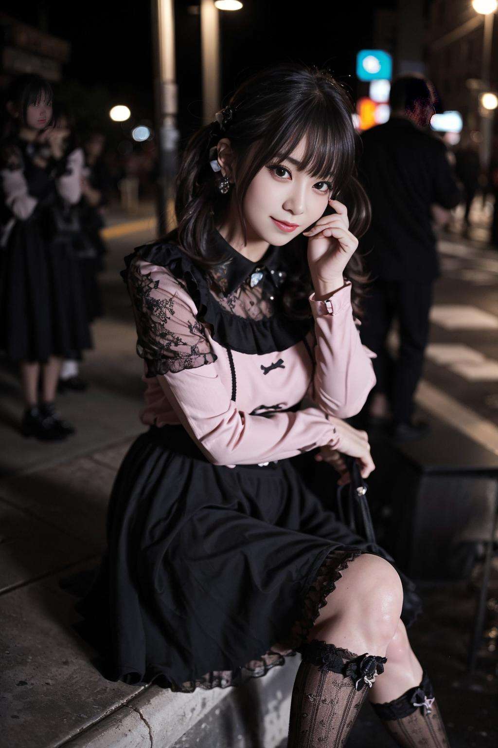 realistic, photorealistic, masterpiece, best quality, 1girl, solo, sitting in street, night, looking at viewer, smile, jiraikei shirt, jiraikei skirt, black frilled socks, <lora:Cute Asian Face:0.5> , <lora:jiraikei_v1:0.7>