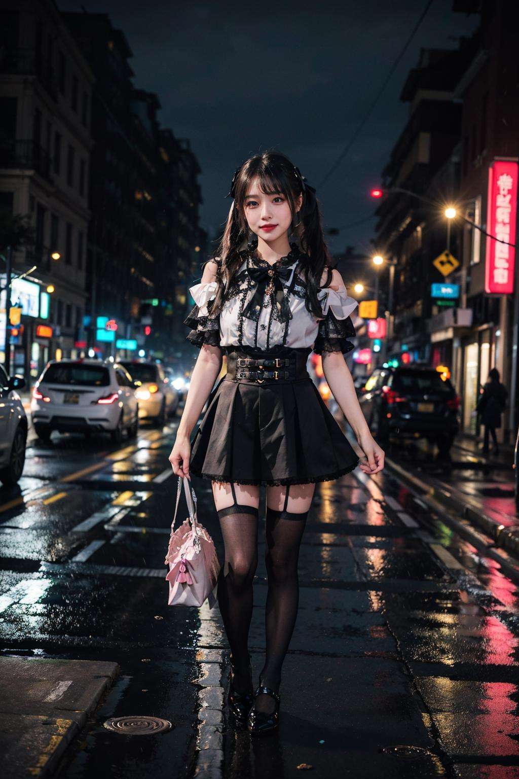 best quality, quality, masterpiece, photorealistic, 1girl, solo, twintails, hair ribbon, standing, full body, jirai kei attire, jirai kei, black thighhighs, high heels, in street, neon light, rain, cityscape, <lora:jiraikei_attire_style2_v1:0.65>