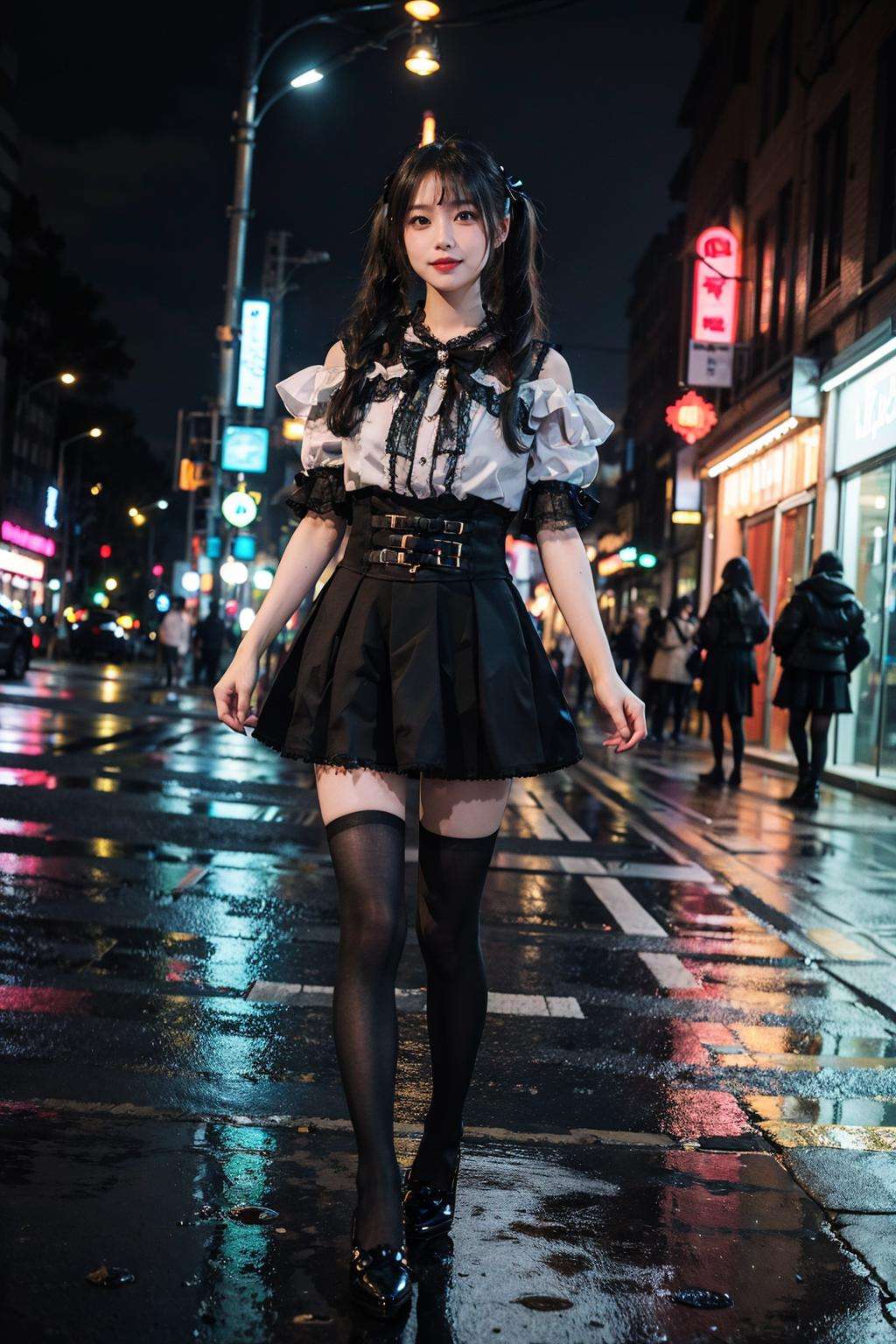 best quality, quality, masterpiece, photorealistic, 1girl, solo, twintails, hair ribbon, standing, full body, jirai kei attire, jirai kei, black thighhighs, high heels, in street, neon light, rain, cityscape, <lora:jiraikei_attire_style2_v1:0.65>