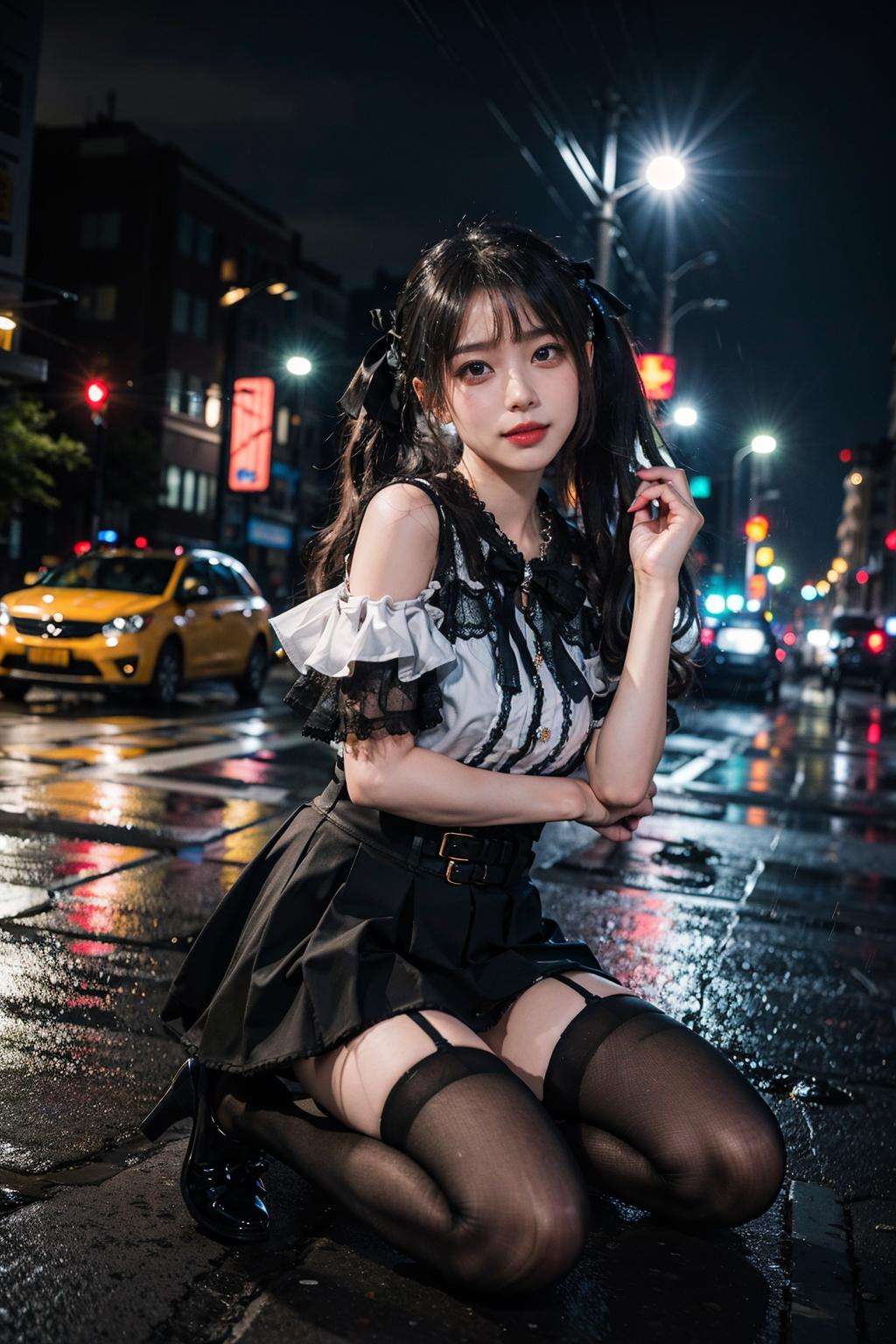 best quality, quality, masterpiece, photorealistic, 1girl, solo, twintails, hair ribbon, kneeling,jirai kei attire, jirai kei, black thighhighs, high heels, in street, neon light, rain, cityscape, <lora:jiraikei_attire_style2_v1:0.65>