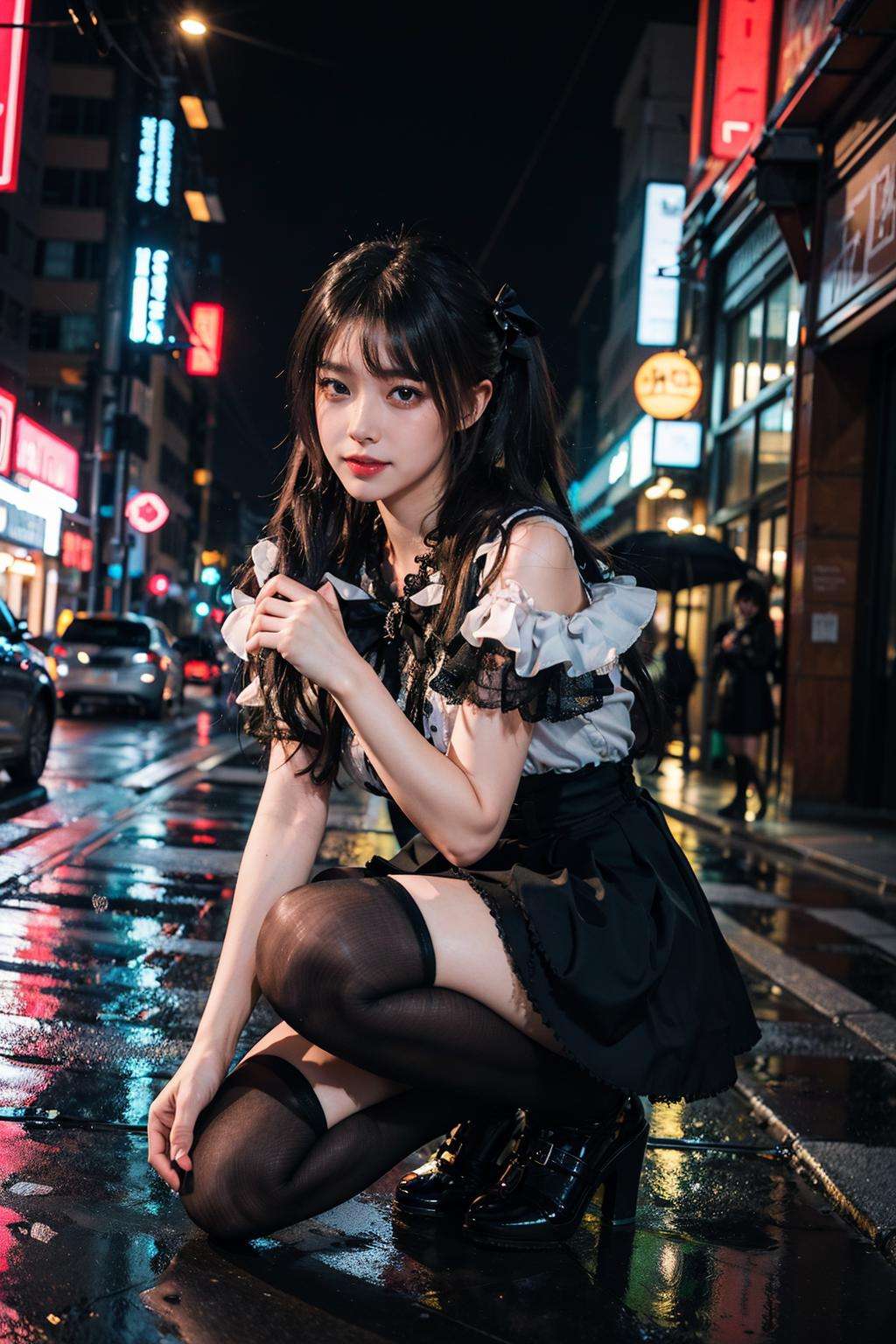 best quality, quality, masterpiece, photorealistic, 1girl, solo, twintails, hair ribbon, kneeling,jirai kei attire, jirai kei, black thighhighs, high heels, in street, neon light, rain, cityscape, <lora:jiraikei_attire_style2_v1:0.65>