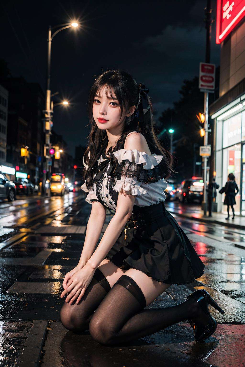 best quality, quality, masterpiece, photorealistic, 1girl, solo, twintails, hair ribbon, kneeling,jirai kei attire, jirai kei, black thighhighs, high heels, in street, neon light, rain, cityscape, <lora:jiraikei_attire_style2_v1:0.65>