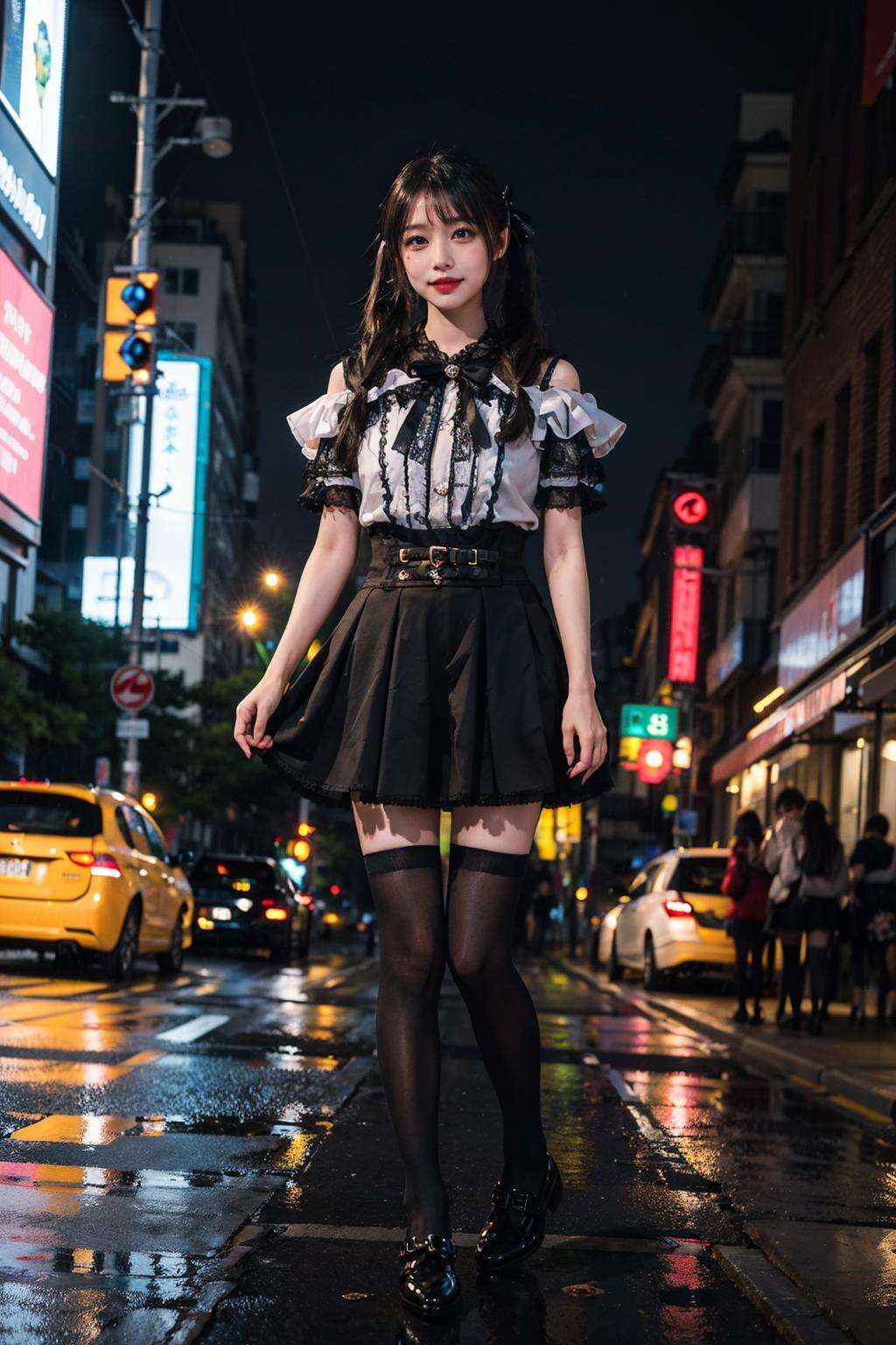 best quality, quality, masterpiece, photorealistic, 1girl, solo, twintails, hair ribbon, standing, full body, jirai kei attire, jirai kei, black thighhighs, high heels, in street, neon light, rain, cityscape, <lora:jiraikei_attire_style2_v1:0.65>