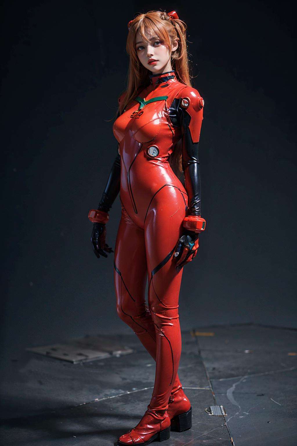 best quality, masterpiece, realistic, photorealistic, 1girl, solo, looking at viewer, full body, standing, long hair, asuka cosplay costume, cosplay, plugsuit, bodysuit, hair ornament, simple background, <lora:asuka_cosplay_costume_v1:0.65>