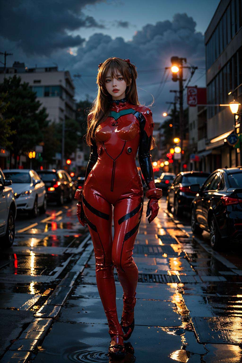 best quality, masterpiece, realistic, photorealistic, 1girl, solo, looking at viewer, full body, standing, long hair, asuka cosplay costume, cosplay, plugsuit, bodysuit, hair ornament, detailed background, in street, night, light, rain, <lora:asuka_cosplay_costume_v1:0.7>