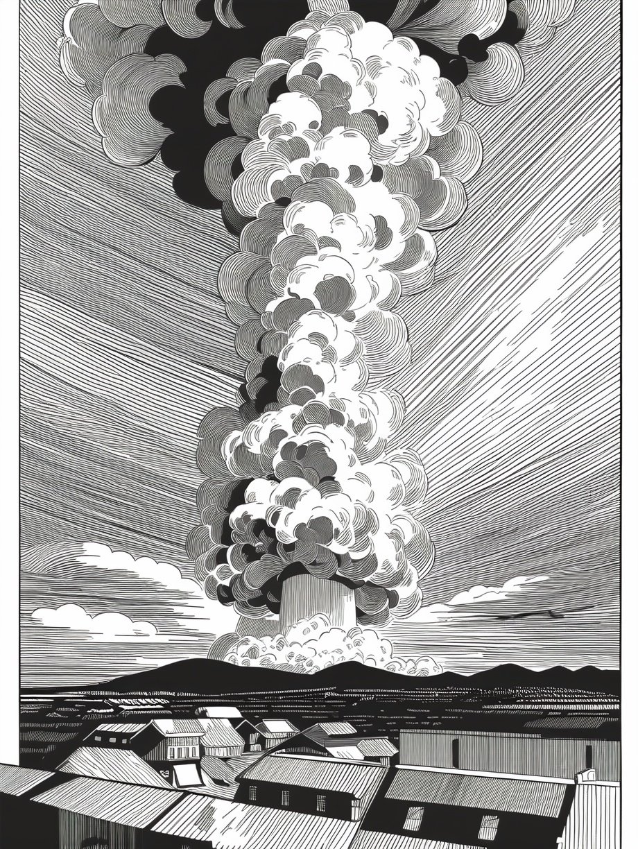 (((best quality,masterpiece,fine detailed,))),<lora:CJ BWD:0.8>,line,black and white painting,black and white line drawing,smooth lines,monochrome,city background,tall building,top view,close-up,clear details,explosion,mushroom cloud,sky,white clouds,the escape man,car,street,, (best quality, high quality, masterpiece,),