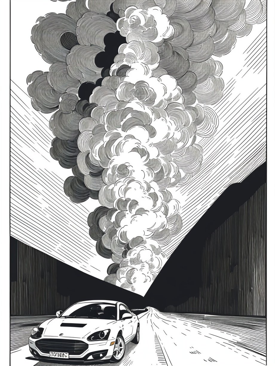 (((best quality,masterpiece,fine detailed,))),<lora:CJ BWD:0.8>,line,black and white painting,black and white line drawing,smooth lines,monochrome,city background,tall building,top view,close-up,clear details,explosion,mushroom cloud,sky,white clouds,the escape man,car,street,aircraft,fighter,planes flying in the sky,, (best quality, high quality, masterpiece,),