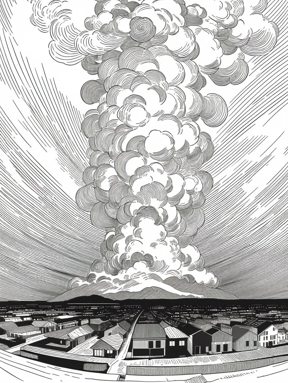 (((best quality,masterpiece,fine detailed,))),<lora:CJ BWD:0.8>,line,black and white painting,black and white line drawing,smooth lines,monochrome,city background,tall building,top view,close-up,clear details,explosion,mushroom cloud,sky,white clouds,the escape man,car,street,, (best quality, high quality, masterpiece,),