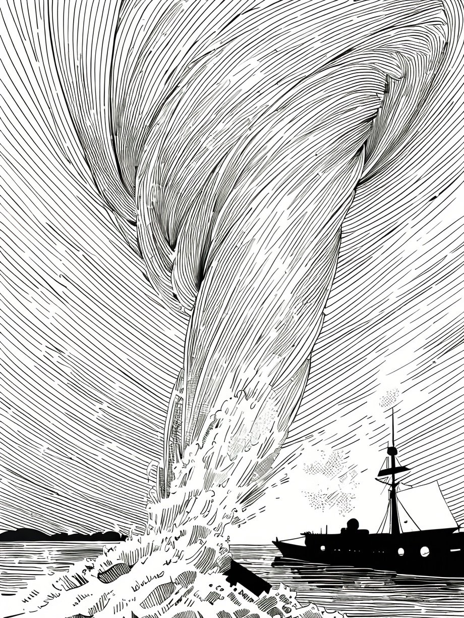 (((best quality,masterpiece,fine detailed,))),<lora:CJ BWD:0.8>,line,black and white painting,black and white line drawing,smooth lines,monochrome,tornado,tornado on the ocean,weathering background,there's a fishing boat on the ocean,depth,sense of volume,exquisite details,coherent lines,top view,close-up,multilayer tornado,, (best quality, high quality, masterpiece,),