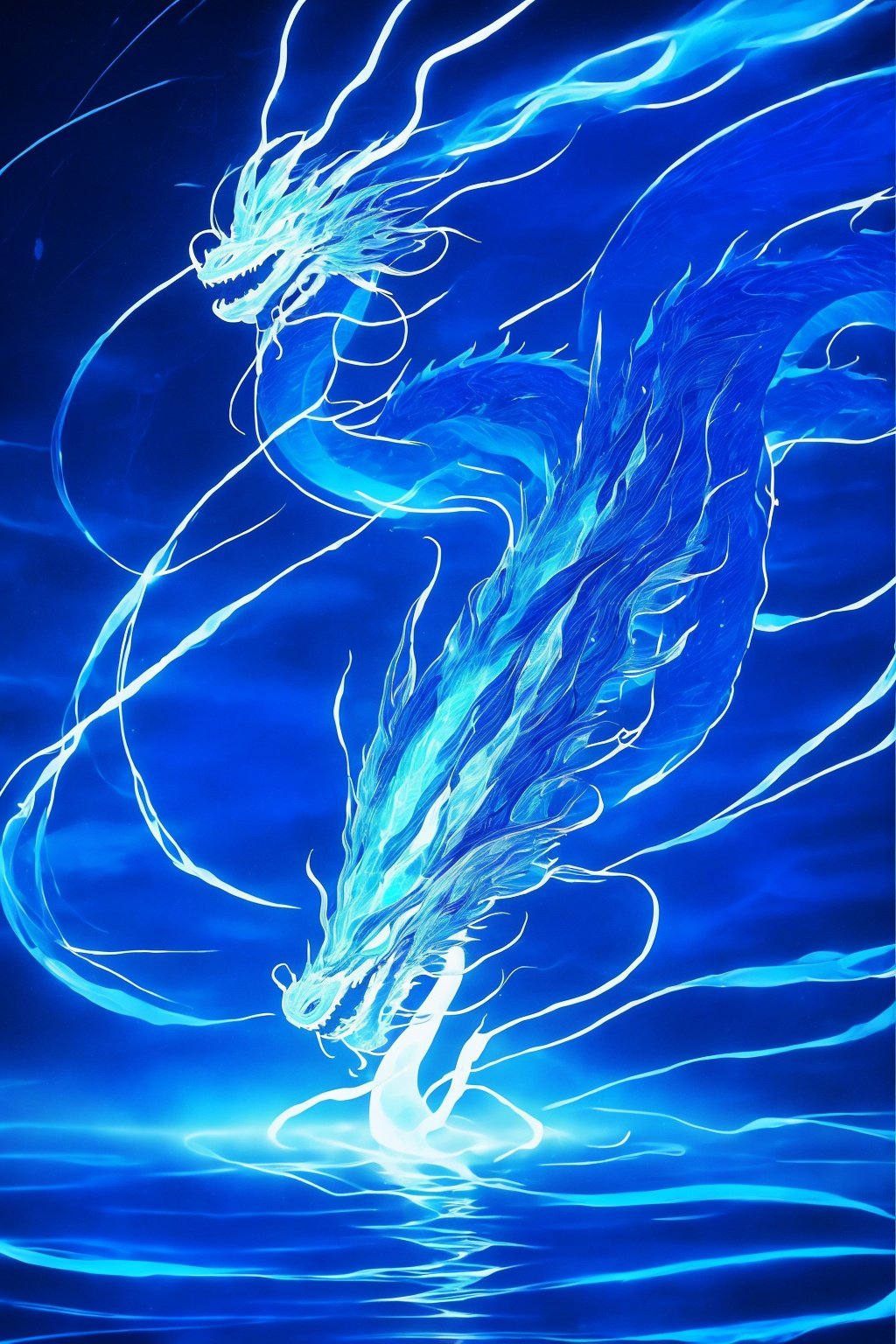 tianlong, blue theme, no humans, solo, water, dragon, glowing