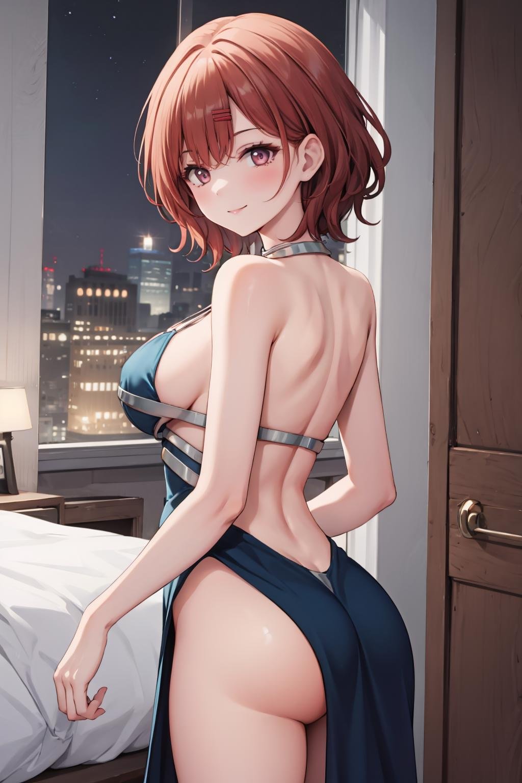 1girl,solo,<lora:AK12EveningGown:1> ,evening gown,halterneck, large breasts,  night, from behind,indoors, bedroom, light smile, <lora:char-madoka:0.9>,arms at sides,  