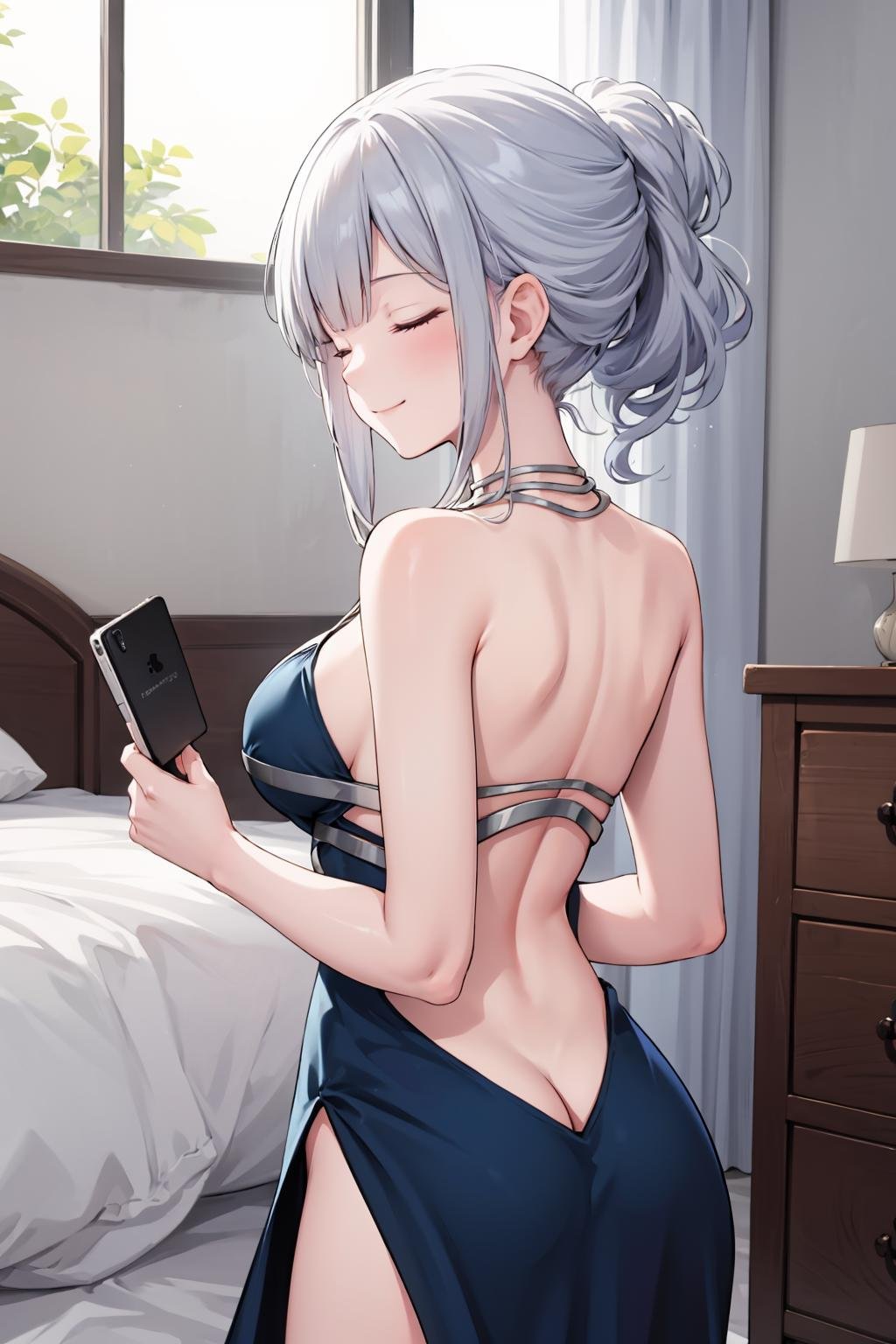 1girl,solo,<lora:AK12EveningGown:1> ,evening gown,halterneck, large breasts,  night,from behind, closed eyes, grey hair, hair up, ponytail, medium hair,back,indoors, bedroom, light smile, ass, closed mouth, blue dress, 